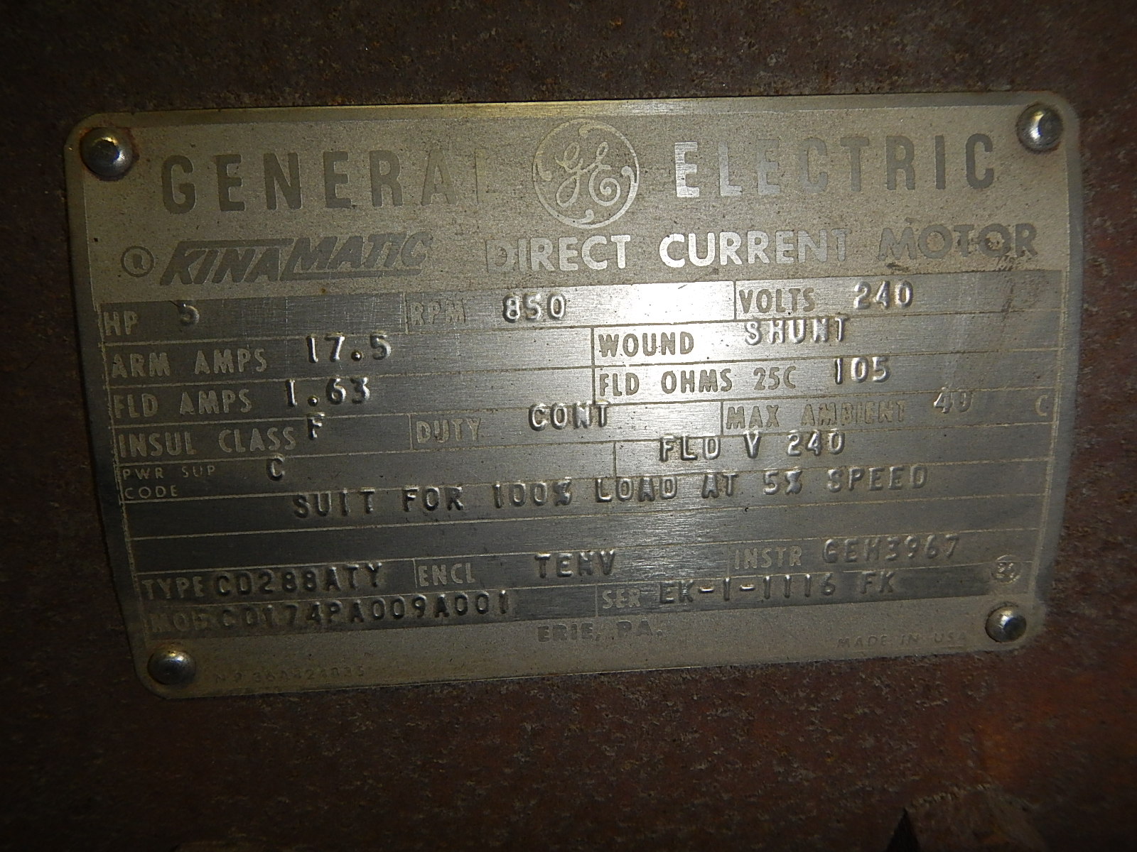 General Electric 5 HP 850 RPM 288ATY DC Motors 30110