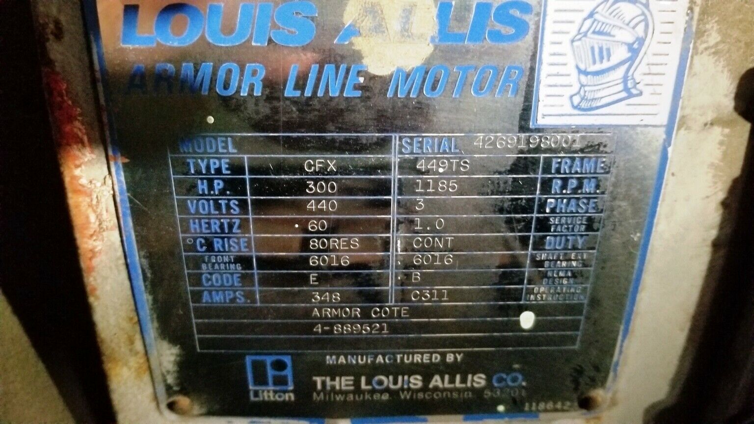 Louis-Allis 300 HP 1200 RPM 449TS Squirrel Cage Motors 46680