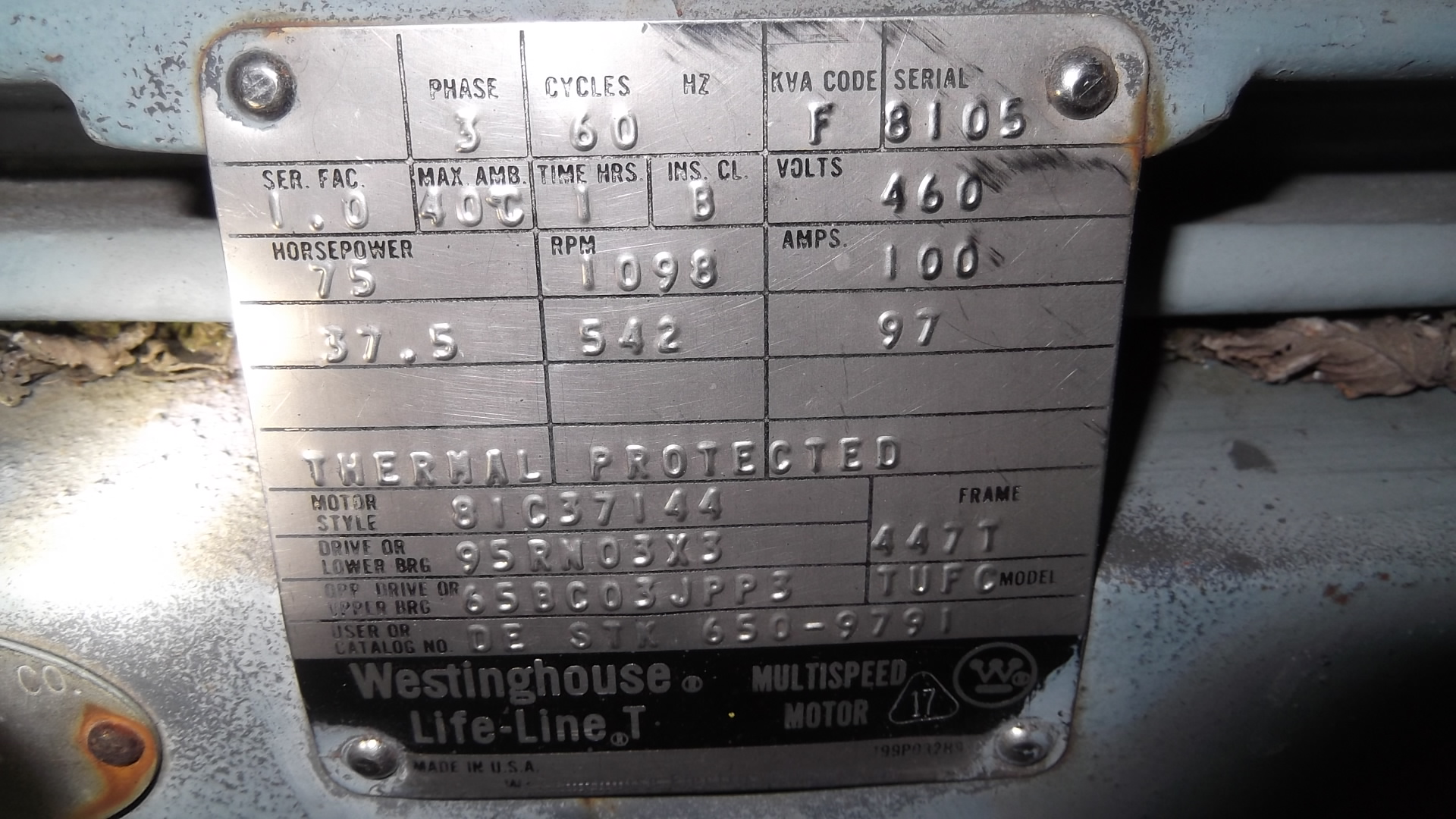 Westinghouse 75 HP 1098 RPM 447TZ Multi Speed Motors 49190