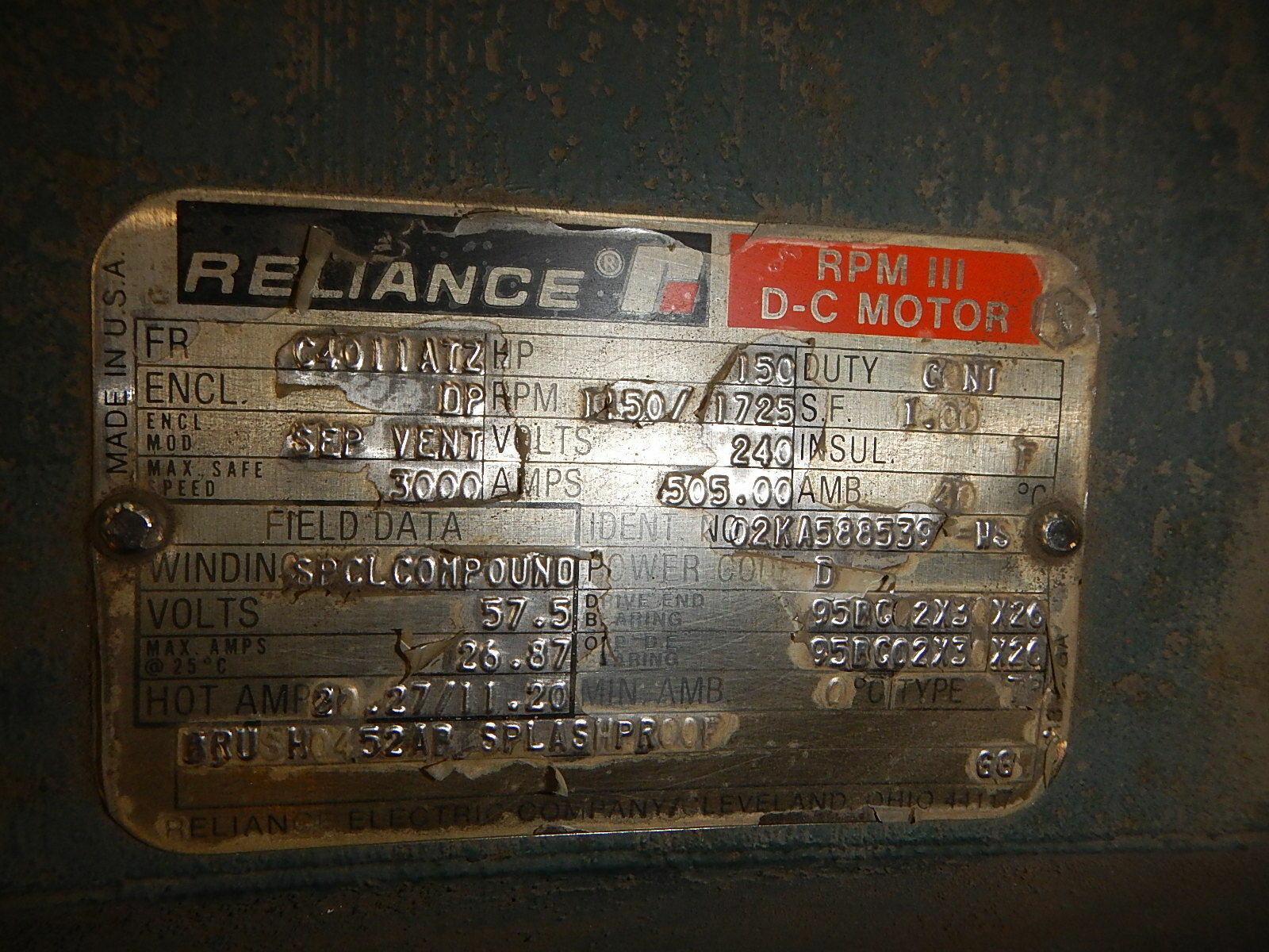 Reliance 150 HP 1150/1725 RPM C4011ATZ DC Motors 49392