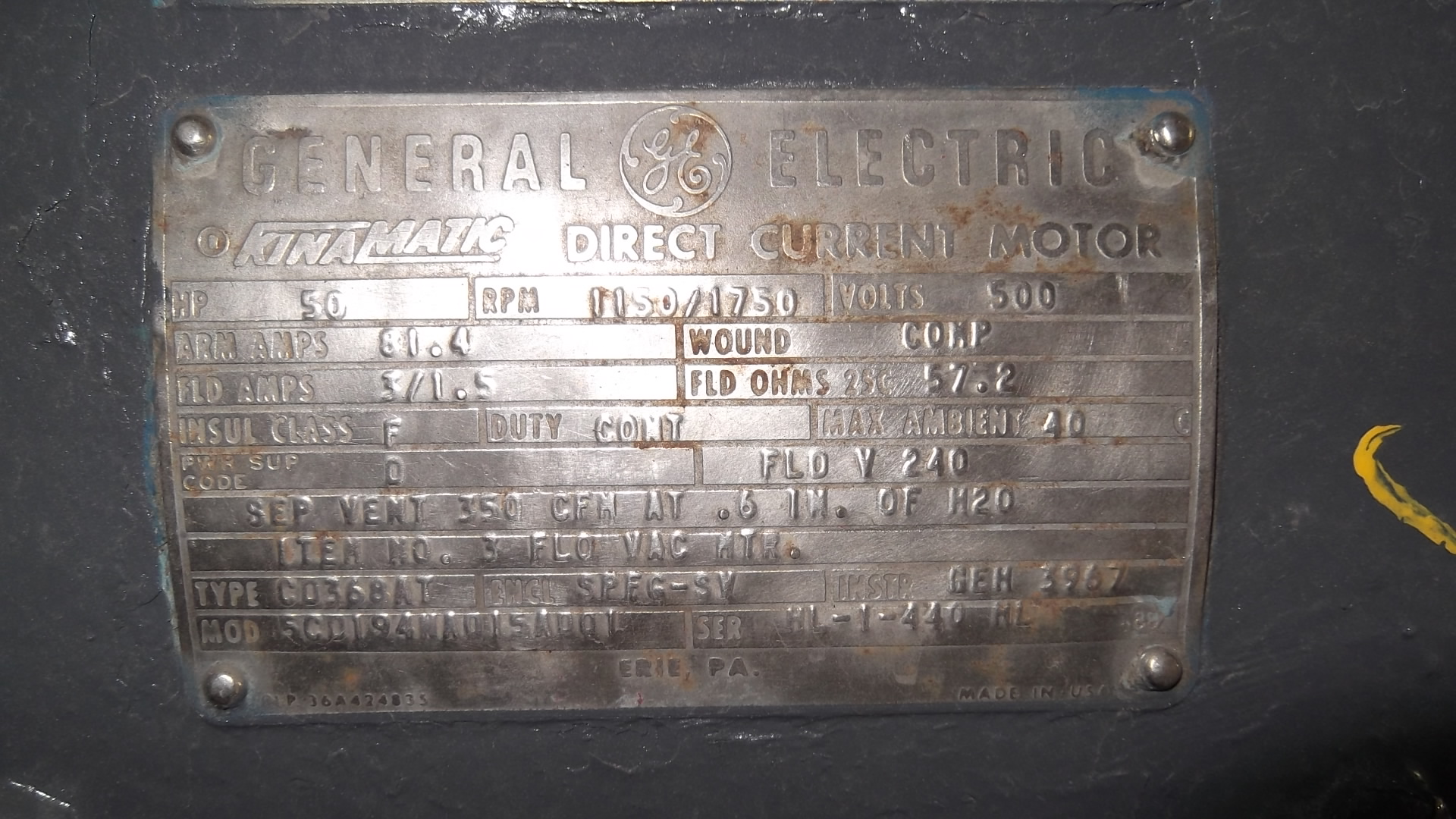 General Electric 50 HP 1150/1750 RPM 368AT DC Motors 50871