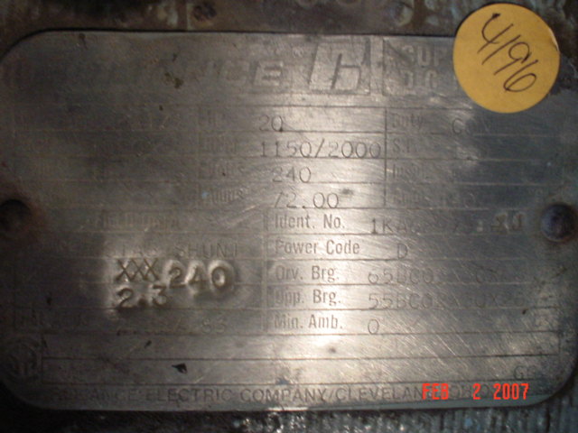 Reliance 20 HP 1150/2000 RPM BO328ATZ DC Motors 51517