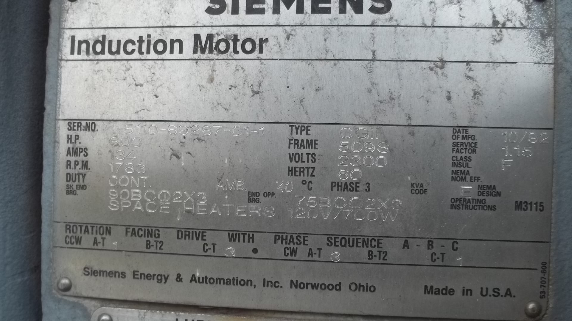 Siemens 600 HP 1800 RPM 509S Squirrel Cage Motors 54766