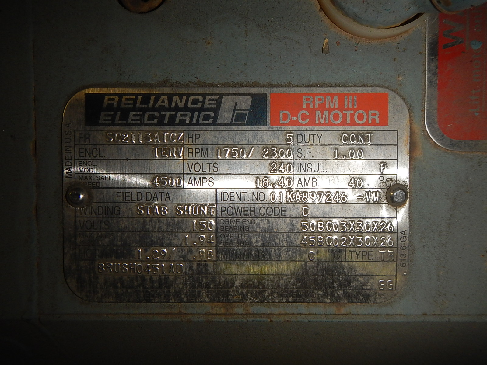 Reliance 5 HP 1750/2300 RPM SC2113ATCZ DC Motors 55420