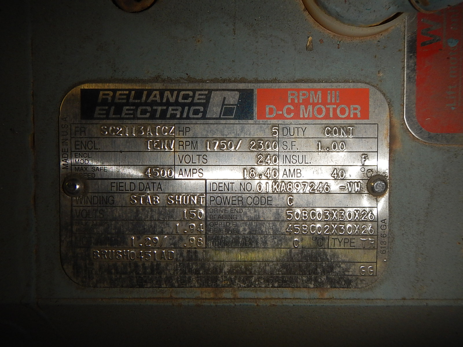 Reliance 5 HP 1750/2300 RPM SC2113ATZ DC Motors 55420