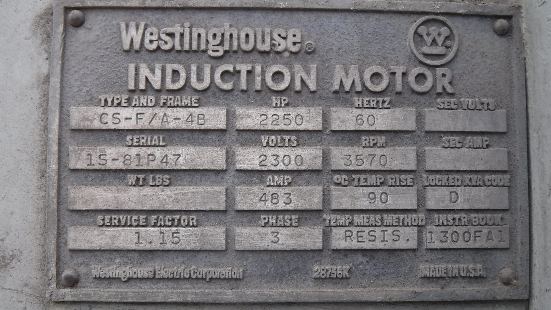 Westinghouse 2250 HP 3600 RPM 4B Squirrel Cage Motors 56267