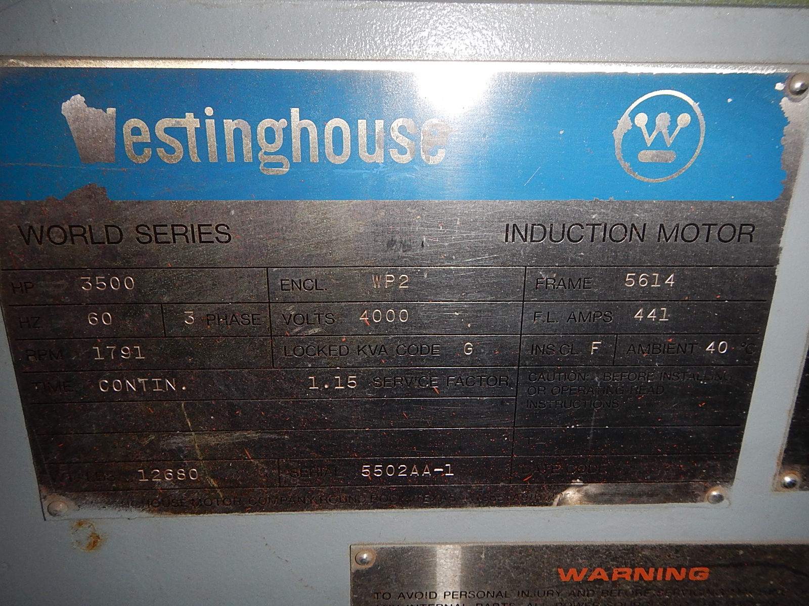 Westinghouse 3500 HP 1800 RPM 5614 Squirrel Cage Motors 56431