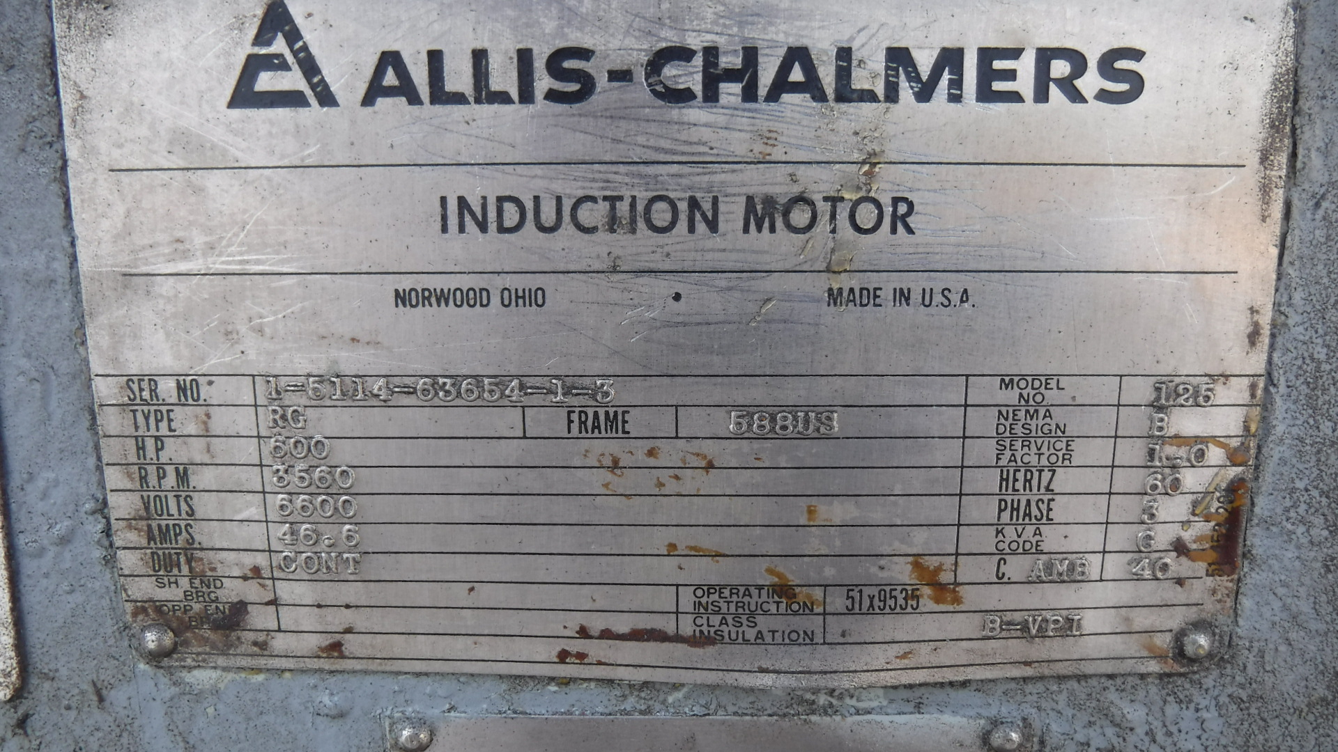 Allis-Chalmers 600 HP 3600 RPM 588US Squirrel Cage Motors 56523
