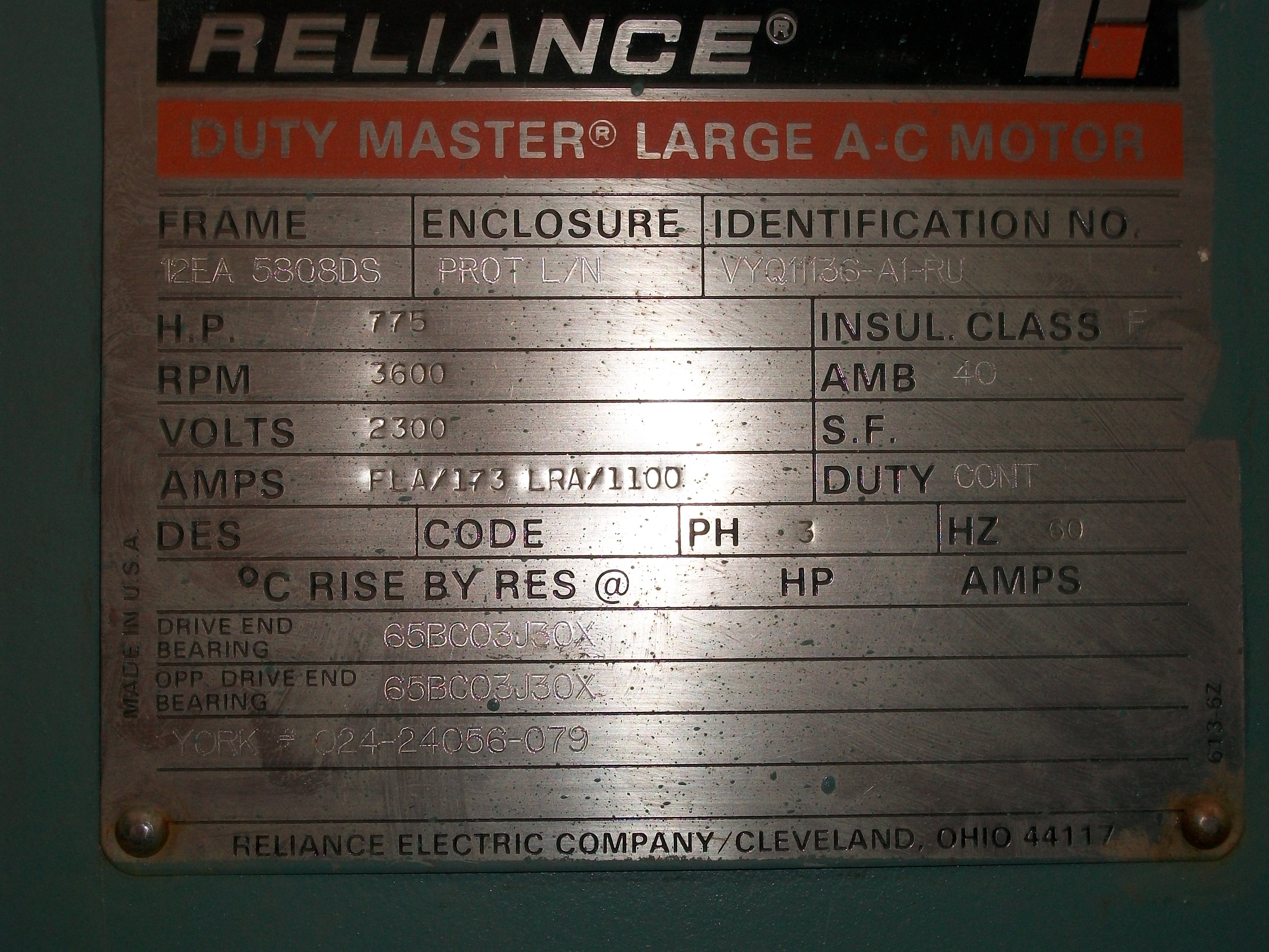 Reliance 700 HP 3600 RPM 5808DS Squirrel Cage Motors 60203