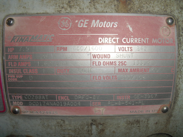 General Electric 5 HP 650/1600 RPM 288AT DC Motors 60551