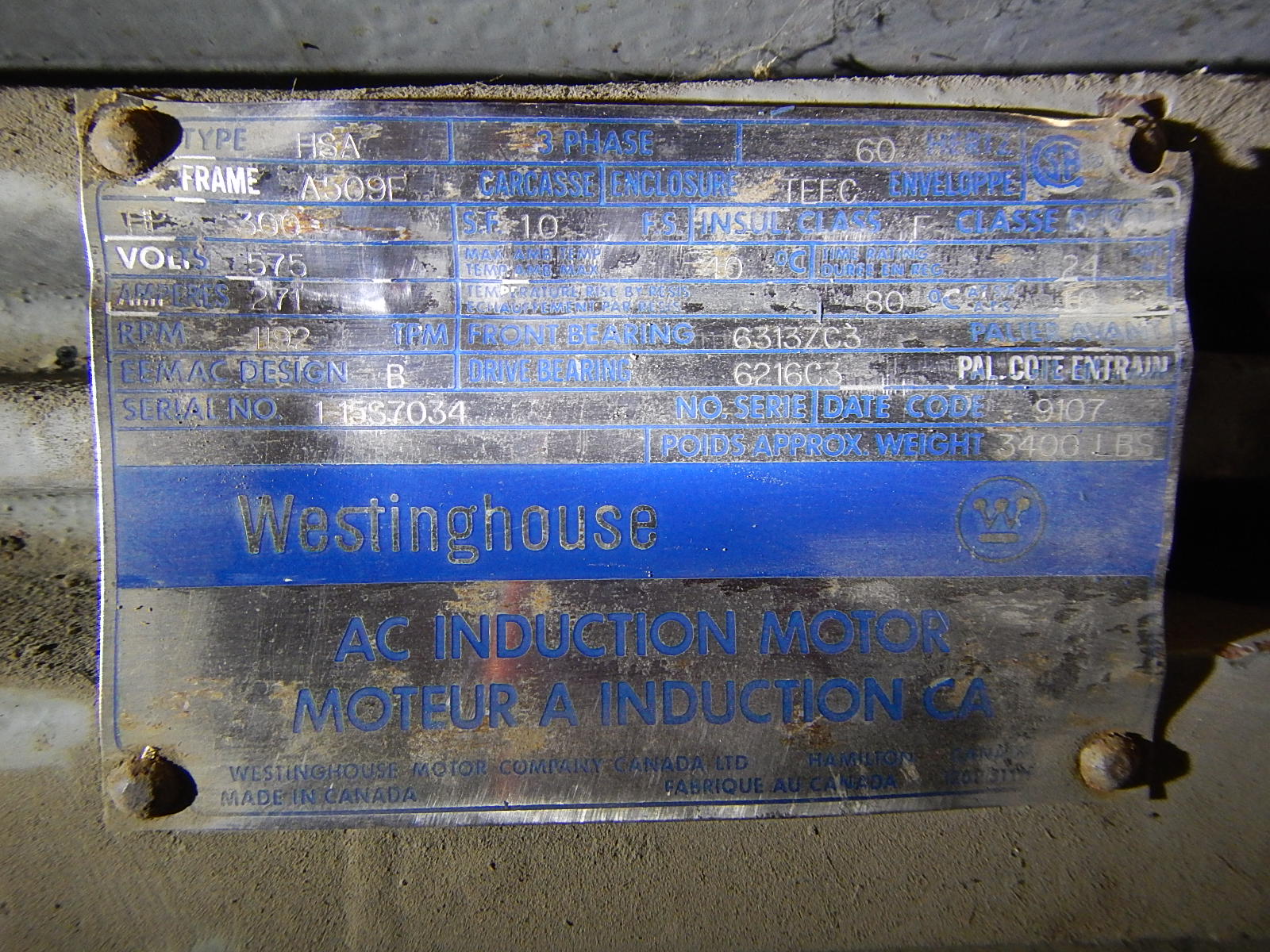 Westinghouse 300 HP 1200 RPM 509E Squirrel Cage Motors 60877