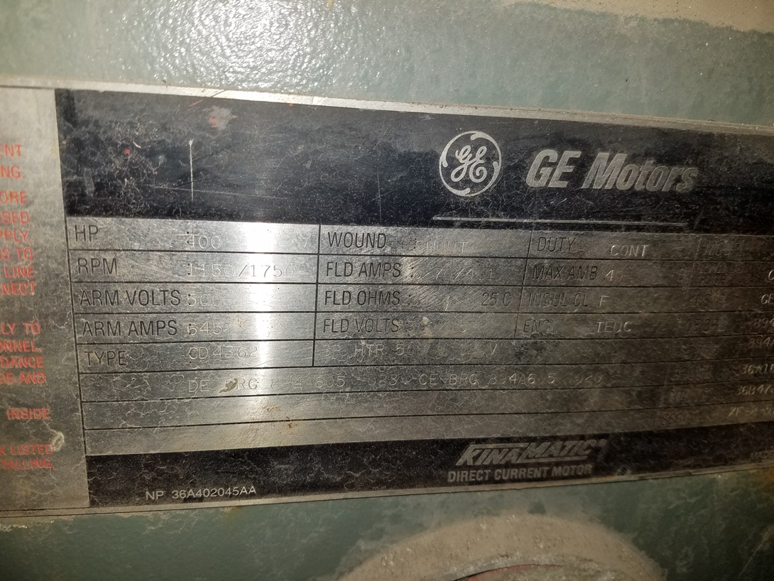 General Electric 400 HP 1150/1750 RPM 4362 DC Motors 62104