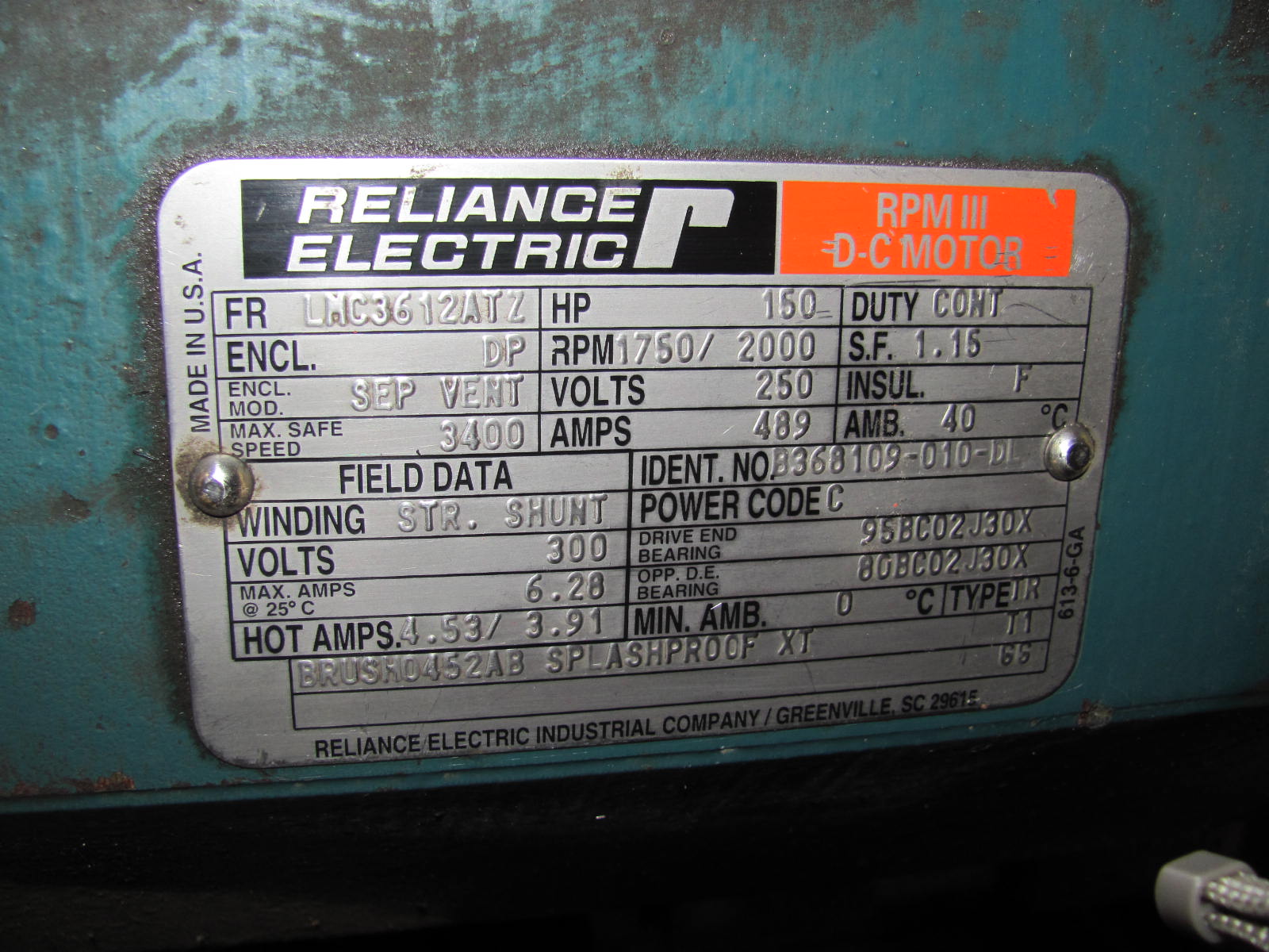 Reliance 150 HP 1750/2000 RPM LMC3612ATZ DC Motors 62562