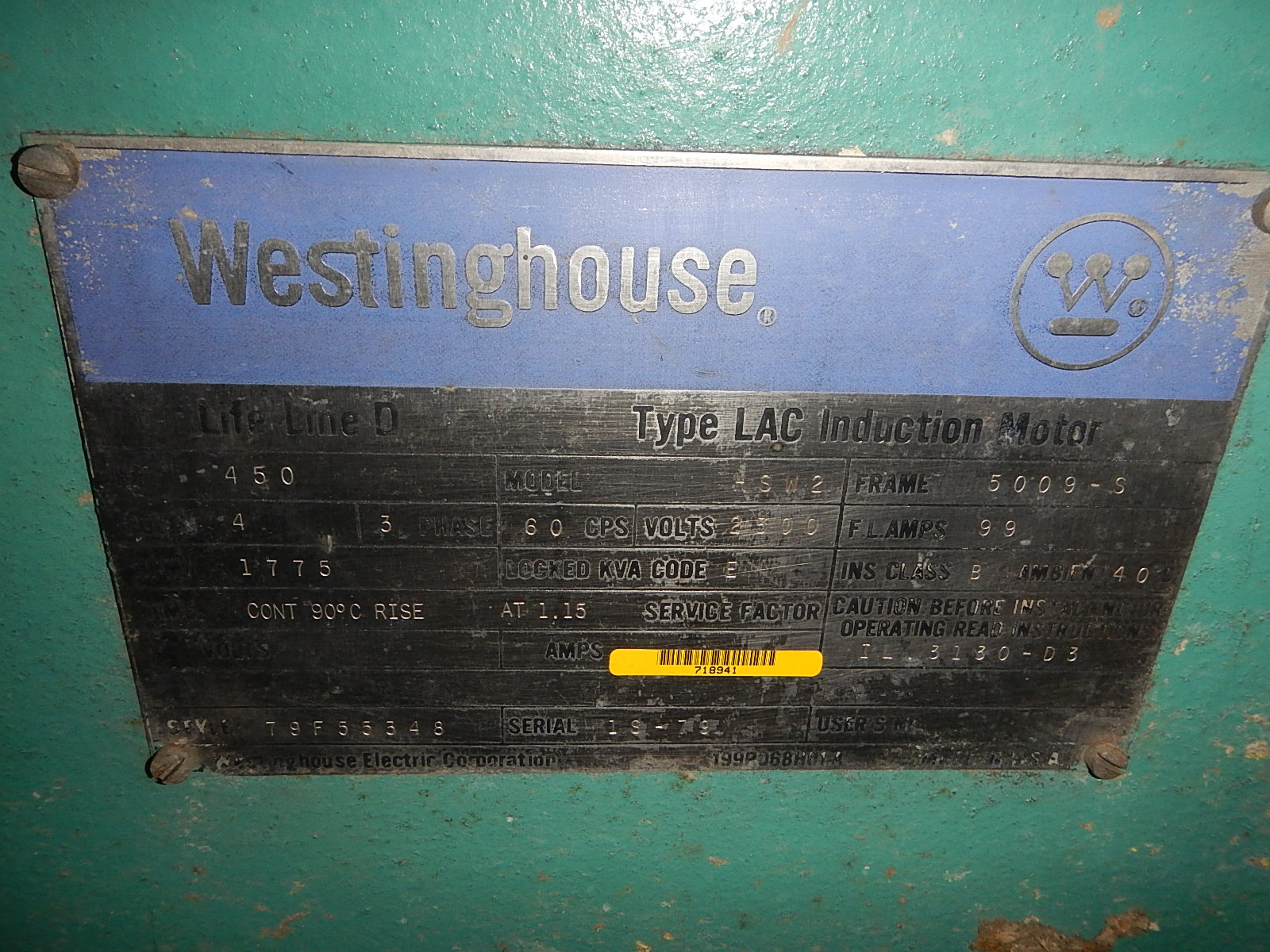 Westinghouse 450 HP 1800 RPM 5009S Squirrel Cage Motors 62687