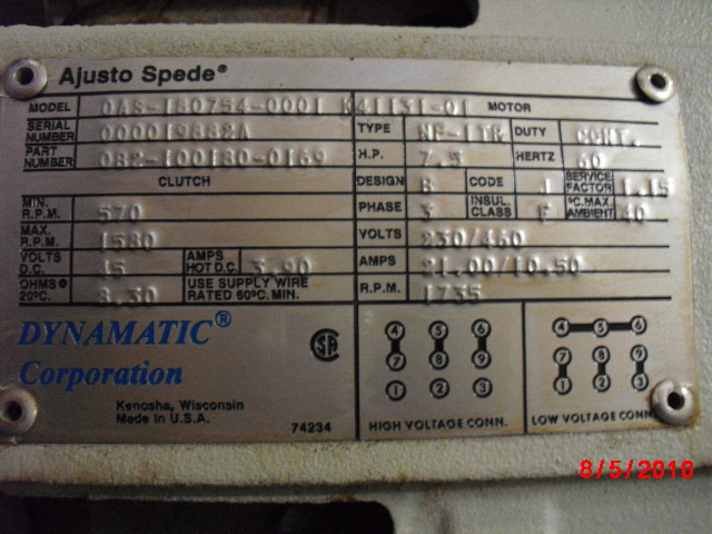 Dynamatic 5 HP 570 RPM Variable Speed Motors 63116
