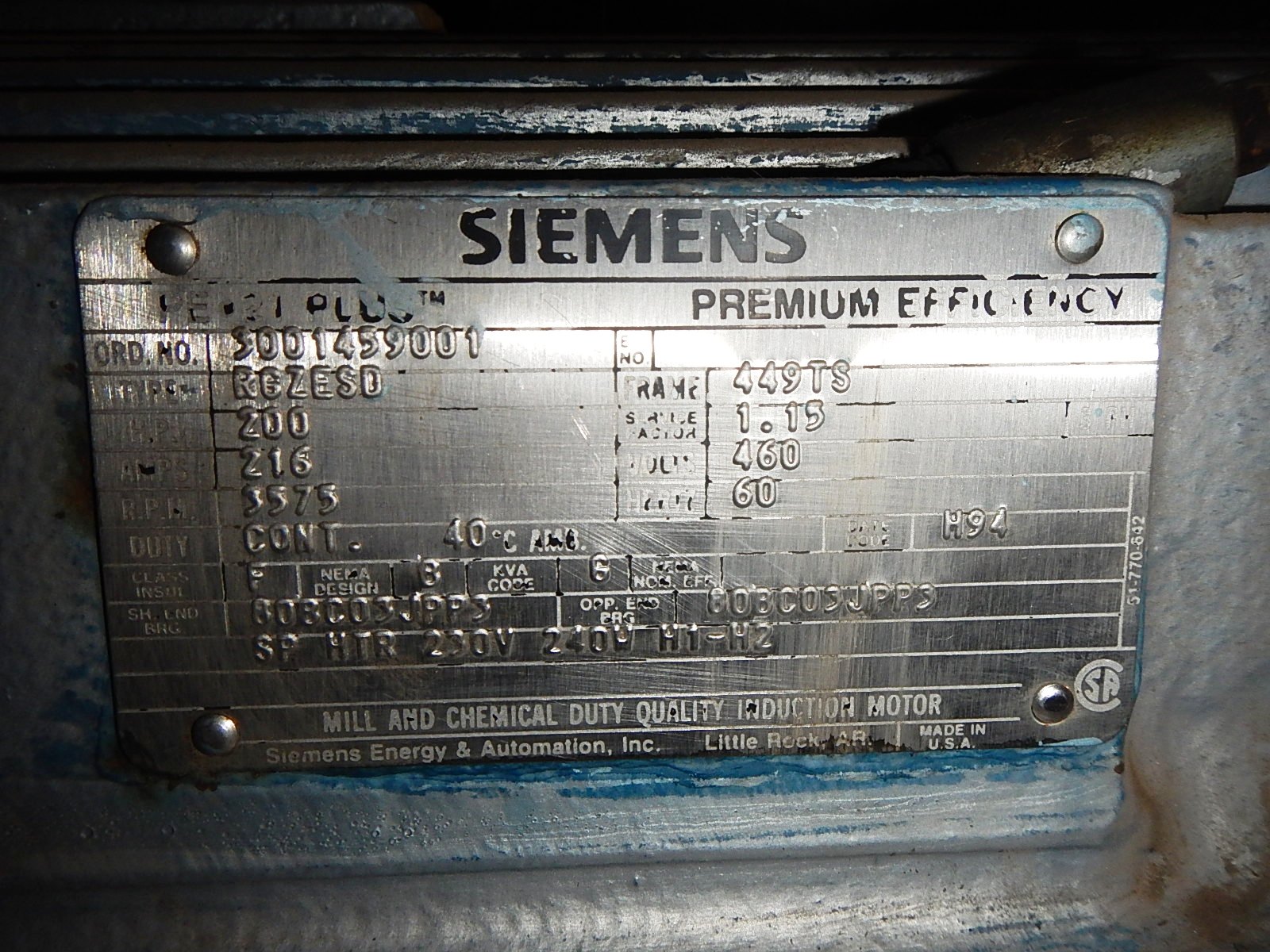 Siemens 200 HP 3600 RPM 449TS Squirrel Cage Motors 63191