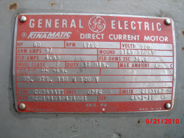 General Electric 60 HP 1750 RPM 368ATY DC Motors 63487