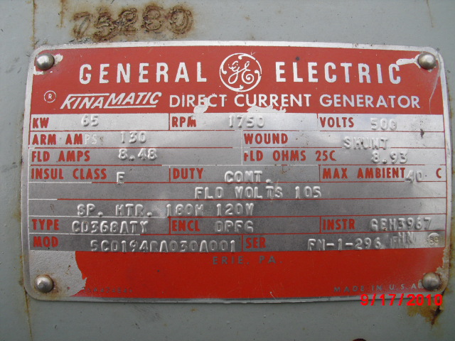 General Electric 65KW 1750 RPM 368ATY DC Generators 63492