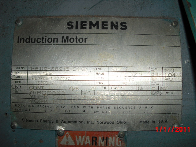 Siemens 500 HP 3600 RPM 507UDZ Squirrel Cage Motors 64445