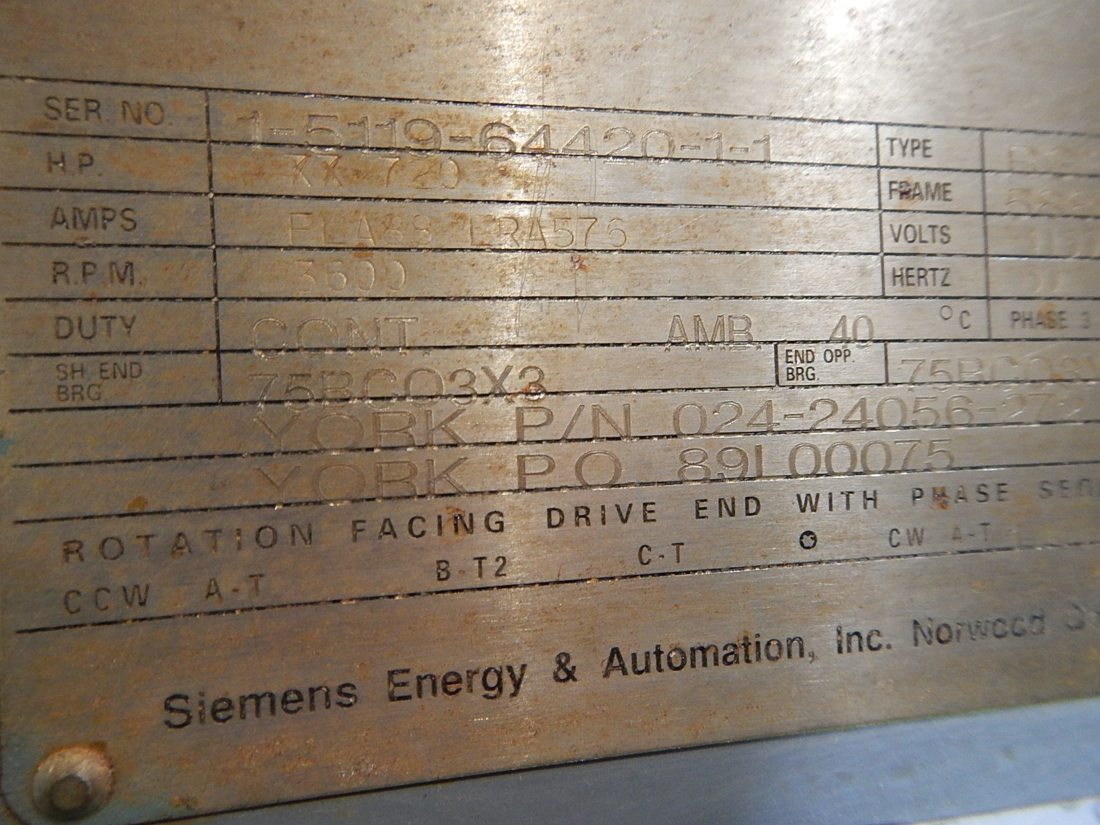 Siemens 700 HP 3600 RPM 588UDZ Squirrel Cage Motors 64464