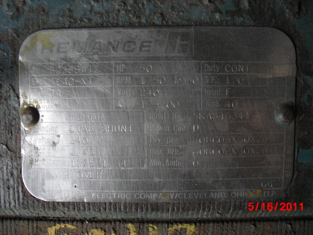 Reliance 50 HP 1750/1950 RPM BO368ATZ DC Motors 64877