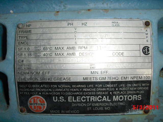 US Electric 60 HP 1200 RPM 444U Squirrel Cage Motors 64925