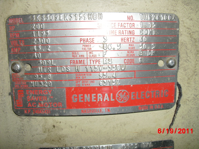 General Electric 200 HP 1200 RPM 509L Squirrel Cage Motors 65195