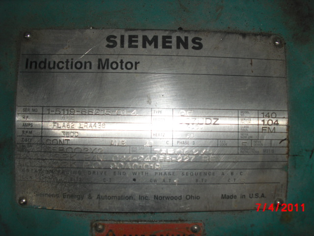 Siemens 500 HP 3600 RPM 507UDZ Squirrel Cage Motors 65268