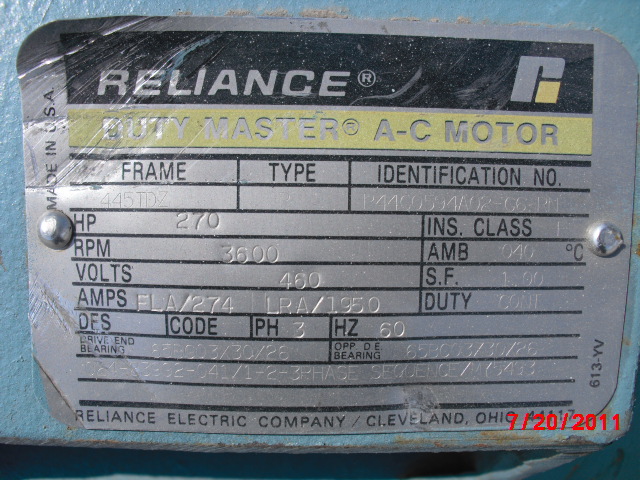 Reliance 250 HP 3600 RPM 445TDZ Squirrel Cage Motors 65343