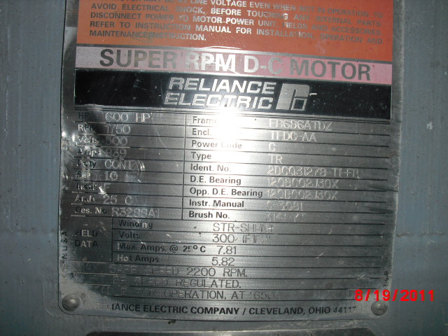 Reliance 600 HP 1750 RPM FB686ATDZ DC Motors 65372