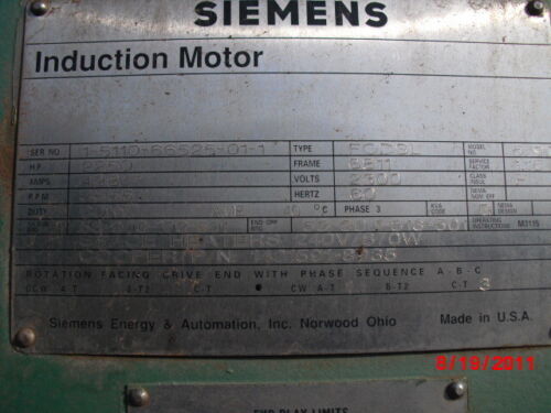 Siemens 2250 HP 3600 RPM 6811 Squirrel Cage Motors 65507