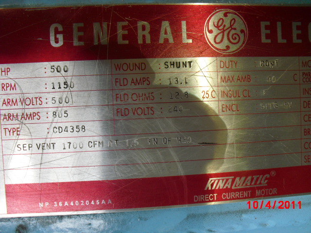 General Electric 450 HP 1150 RPM 4358 DC Motors 65637