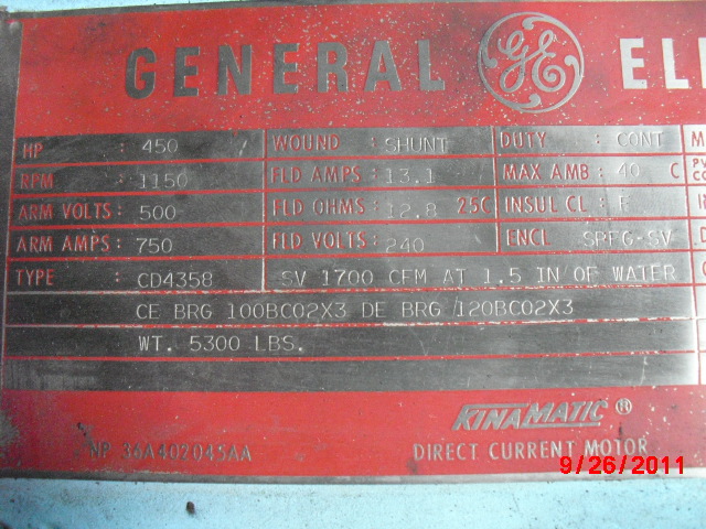 General Electric 450 HP 1150 RPM 4358 DC Motors 65639