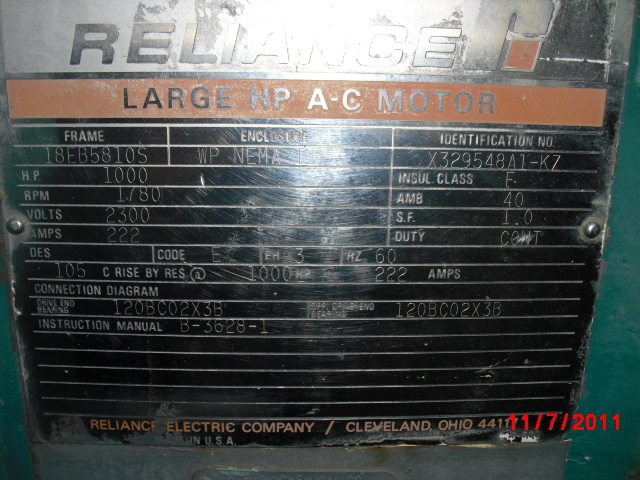 Reliance 1000 HP 1800 RPM 5810S Squirrel Cage Motors 65838