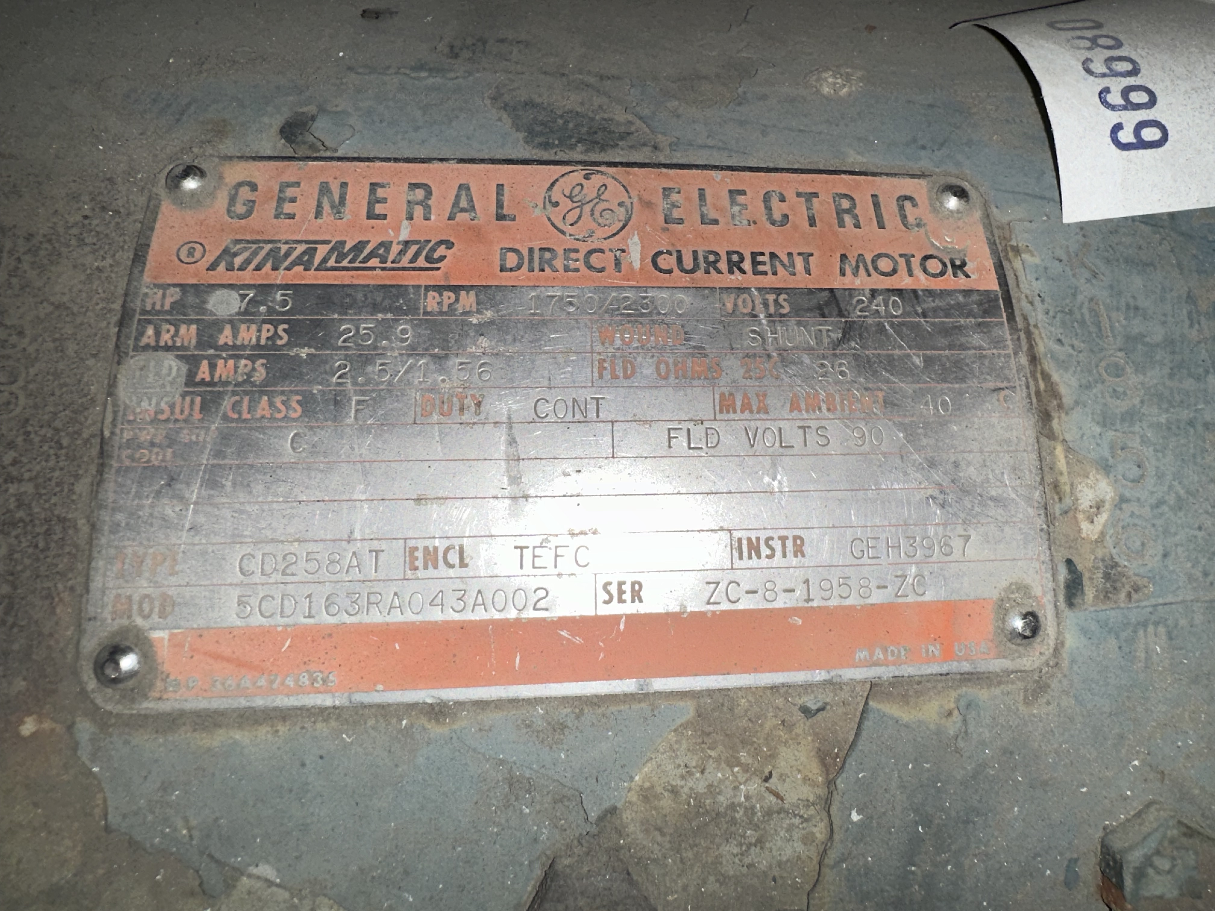 General Electric 5 HP 1750/2300 RPM 258AT DC Motors 65954