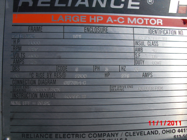 Reliance 2000 HP 1800 RPM 7111S Squirrel Cage Motors 65957