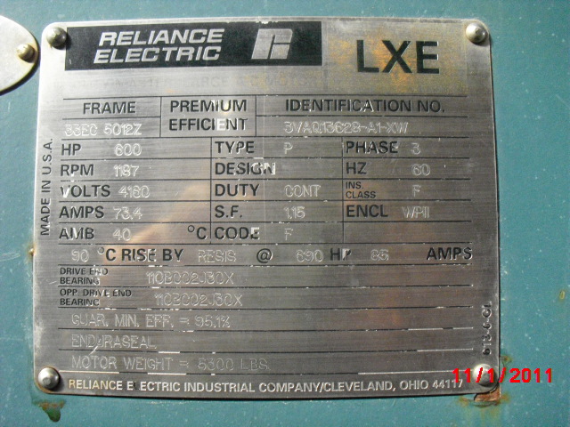 Reliance 600 HP 1200 RPM 5012Z Squirrel Cage Motors 65959