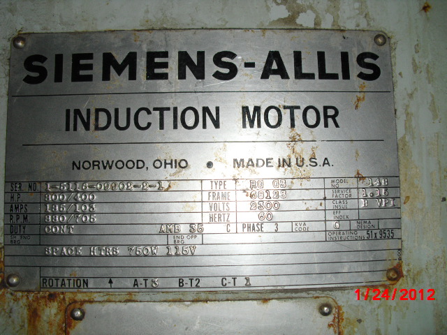 Siemens-Allis 800 HP 880 RPM 6812S Multi Speed Motors 66522