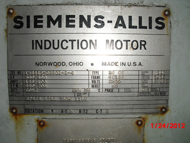 Siemens-Allis 800 HP 880 RPM 6812S Multi Speed Motors 66524
