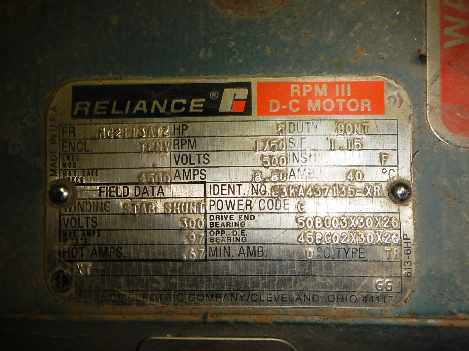 Reliance 5 HP 1750 RPM MC2113ATZ DC Motors 66541
