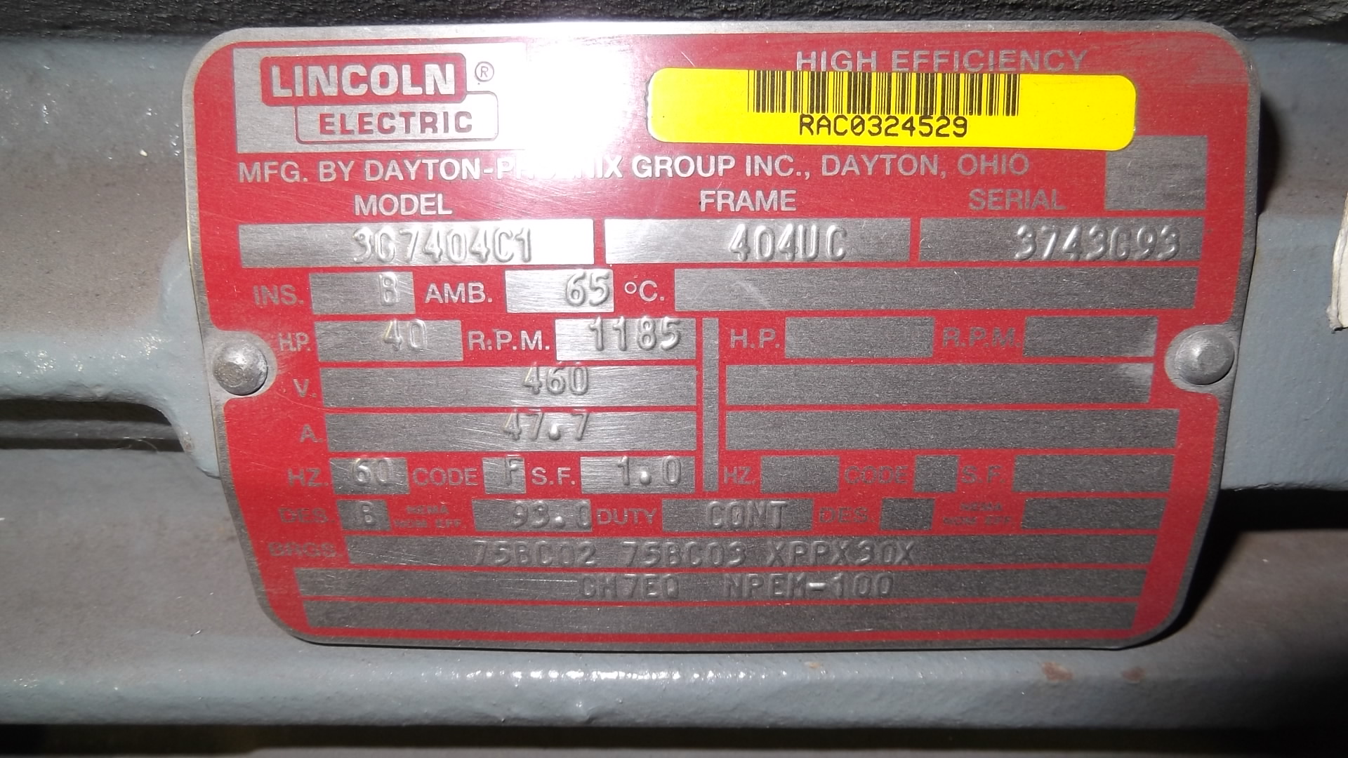 Lincoln 40 HP 1200 RPM 404UC Squirrel Cage Motors 66591