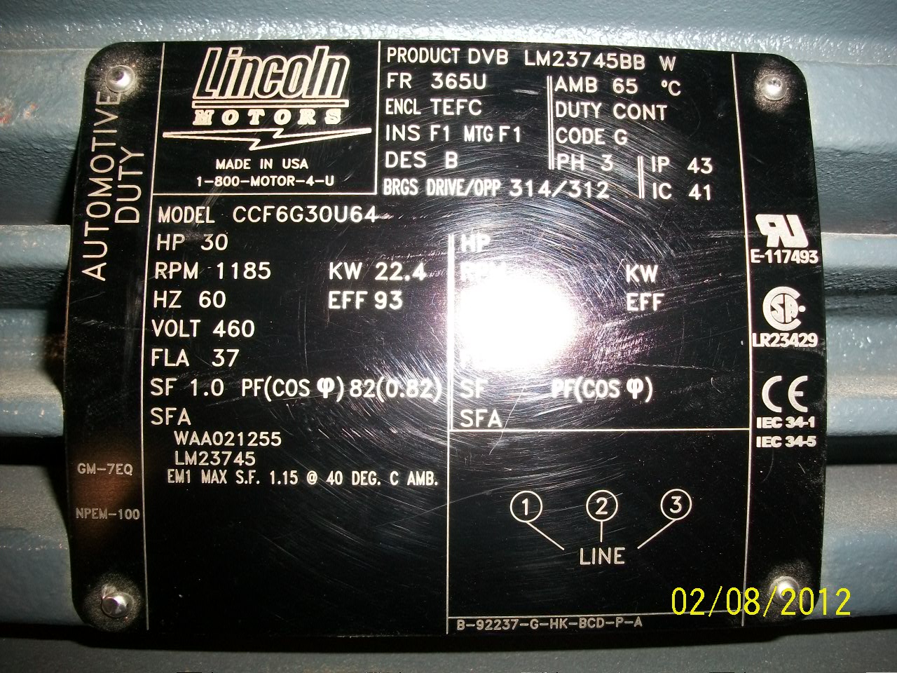 Lincoln 30 HP 1200 RPM 365U Squirrel Cage Motors 66598