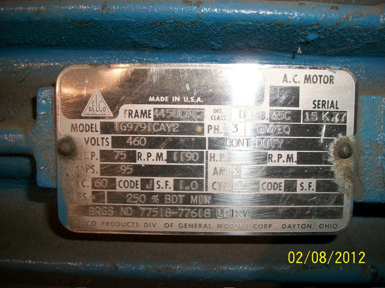 Delco 75 HP 1200 RPM 445UCFCZ Squirrel Cage Motors 66603