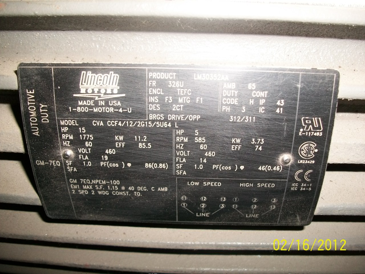 Lincoln 15 HP 1775 RPM 326U Multi Speed Motors 66629