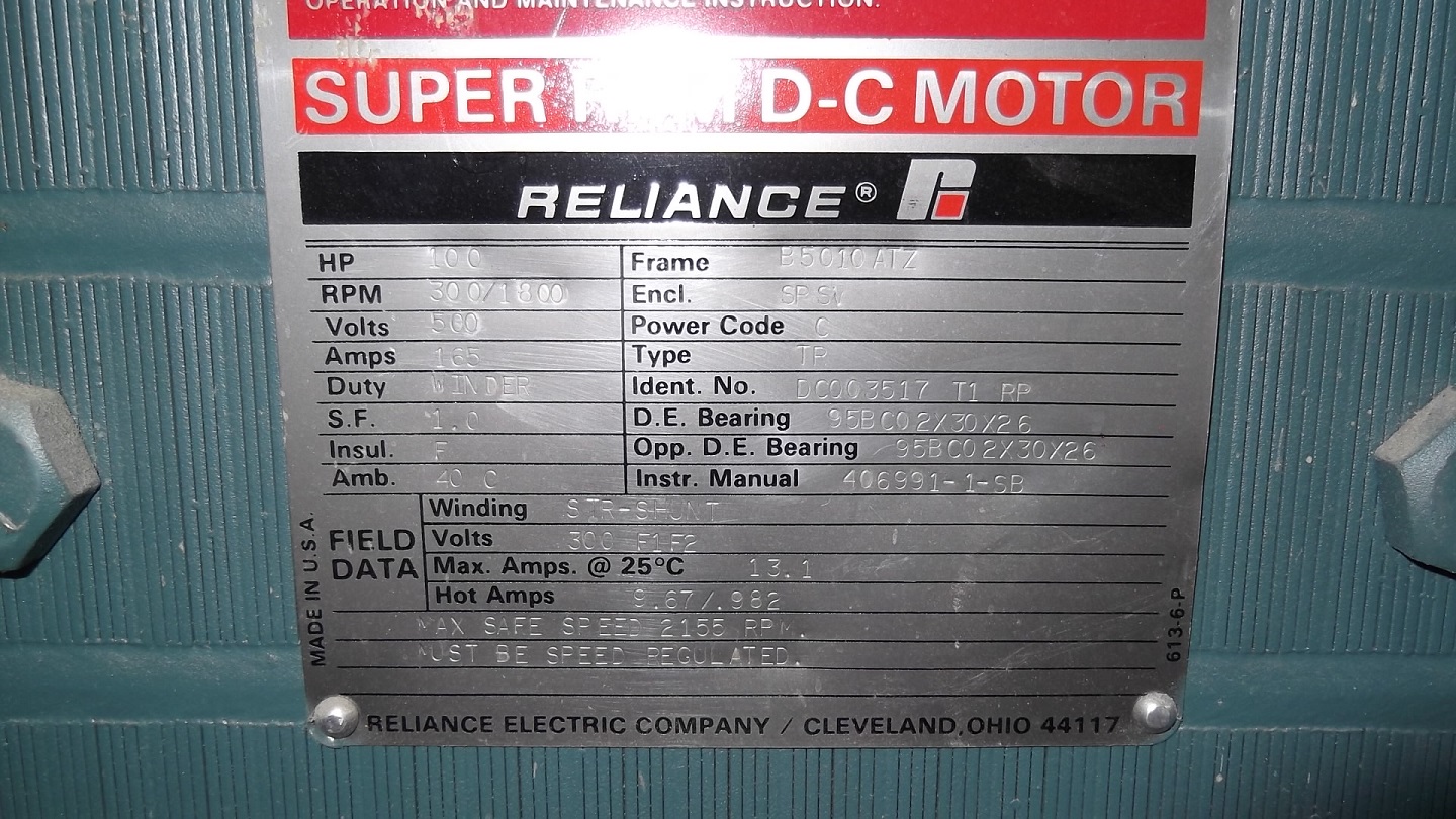Reliance 100 HP 300/1800 RPM B5010ATZ DC Motors 67060