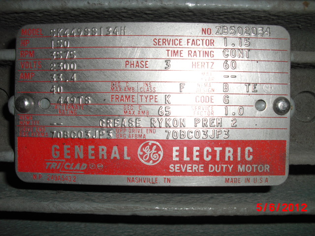 General Electric 150 HP 3600 RPM 449TS Squirrel Cage Motors 67376