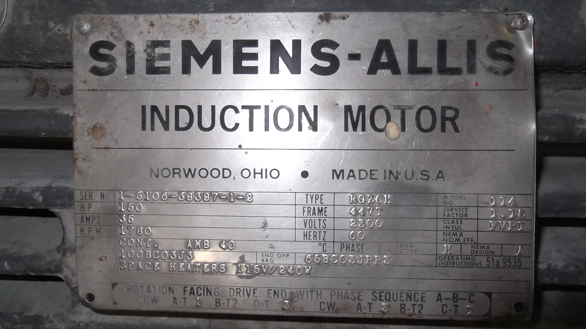 Siemens-Allis 150 HP 1800 RPM 447T Squirrel Cage Motors 67443