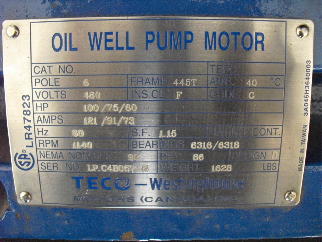 Teco Westinghouse 100 HP 1140 RPM 445T Design D Motors 67656