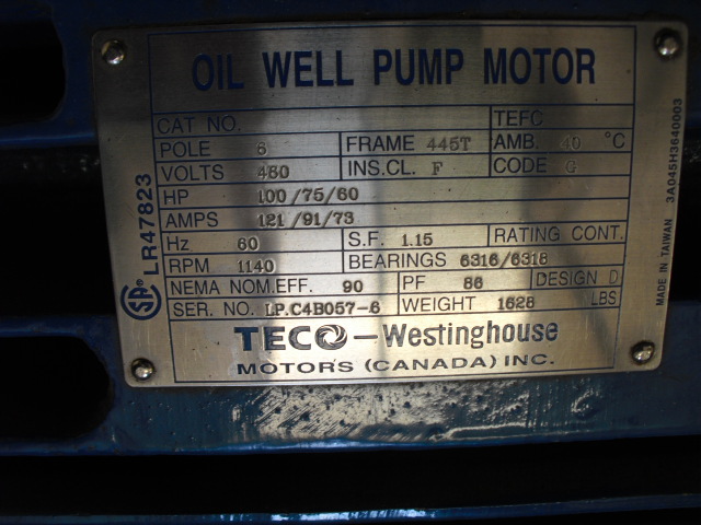 Teco Westinghouse 100 HP 1140 RPM 445T Design D Motors 67659