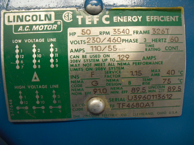 Lincoln 50 HP 3600 RPM 326T Squirrel Cage Motors 67675